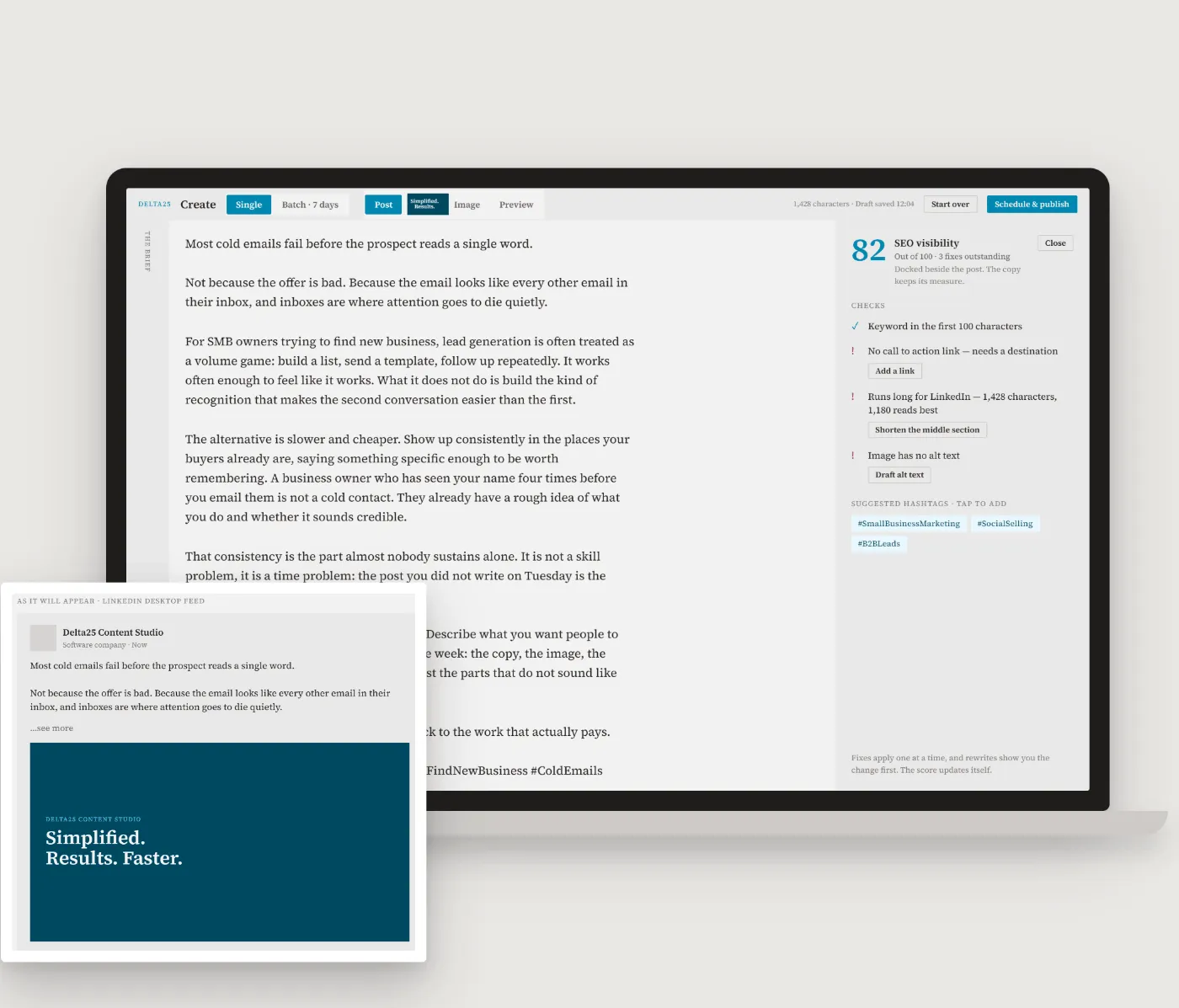 Delta25 Content Studio on a laptop, drafting a social media post with its SEO score beside the finished post